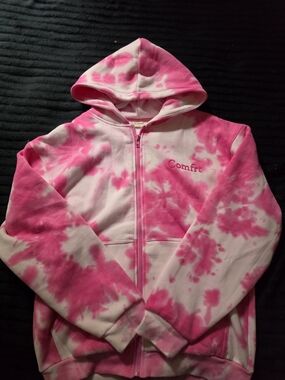 Pink Tie-Dye Zip Hoodie with 'Comfrt' Embroidery
